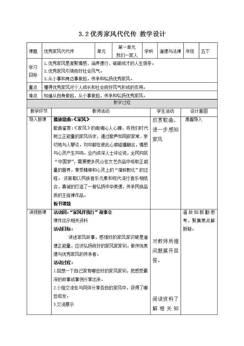 【部编版】五下道法  3.弘扬优秀家风 （第二课时）课件+教案+练习01