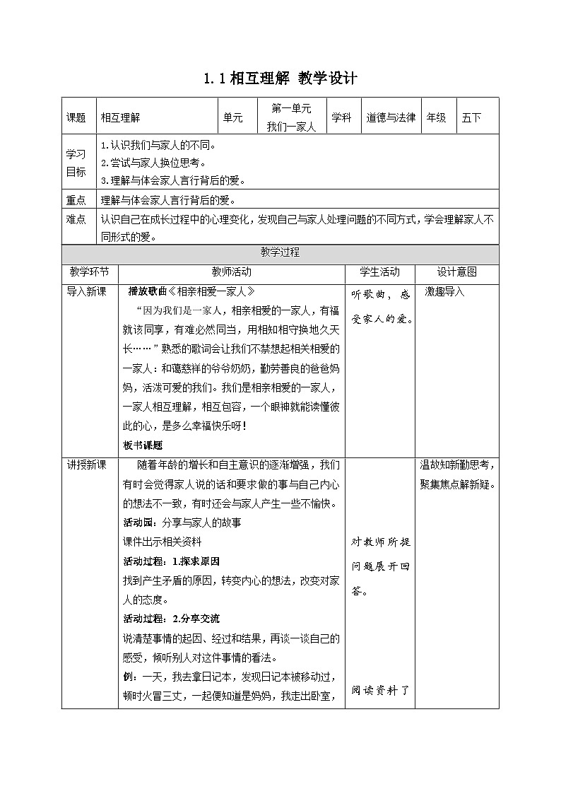 【部编版】五下道法  1.读懂彼此的心（第一课时） 课件+教案+练习01