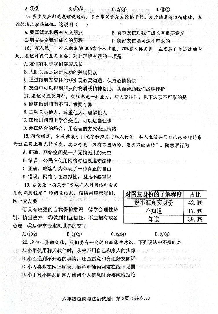 山东省淄博市高青县2023-2024学年(五四学制)六年级上学期1月期末道德与法治试题03