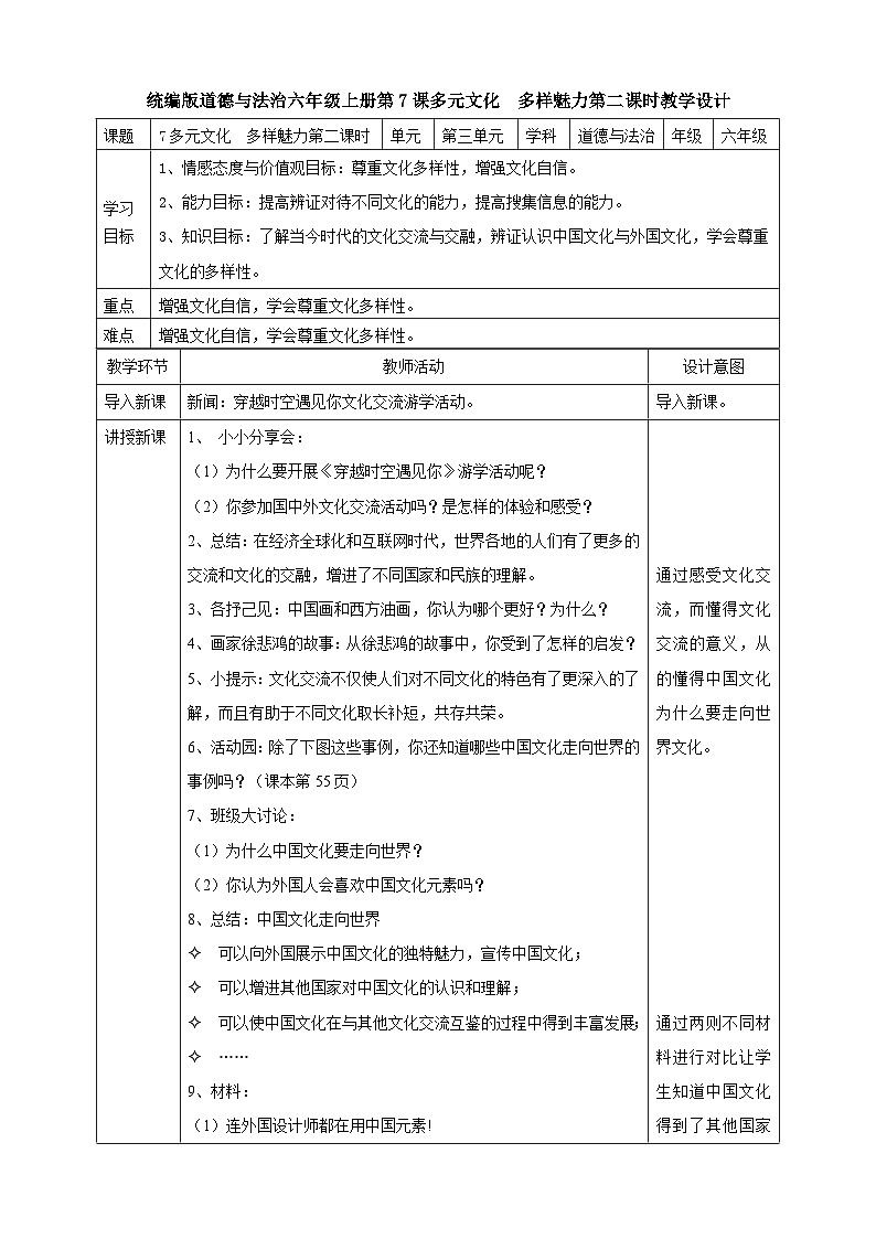 部编版小学道法六年级下册7多元文化 多样魅力第二课时. 课件+教案01