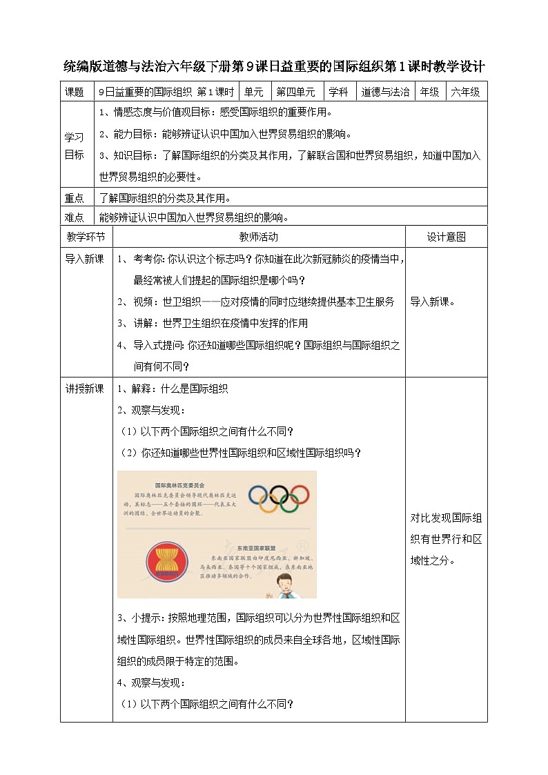 部编版小学道法六年级下册9 日益重要的国际组织  第一课时. 课件+教案01