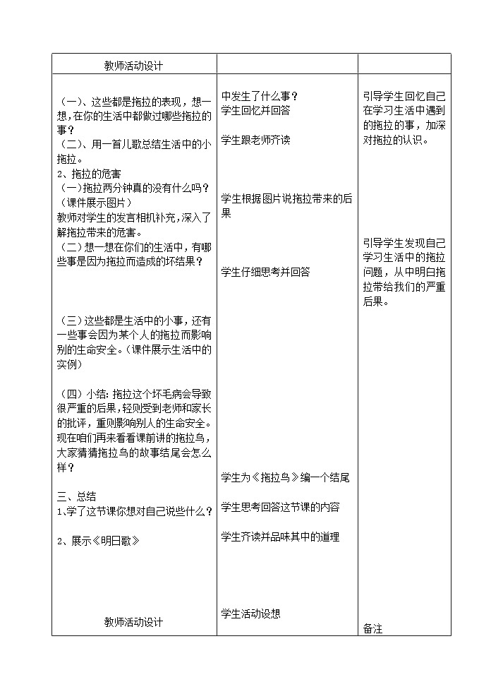 2022一年级道德与法治下册第一单元我的好习惯3我不拖拉教案1（部编版）第2页