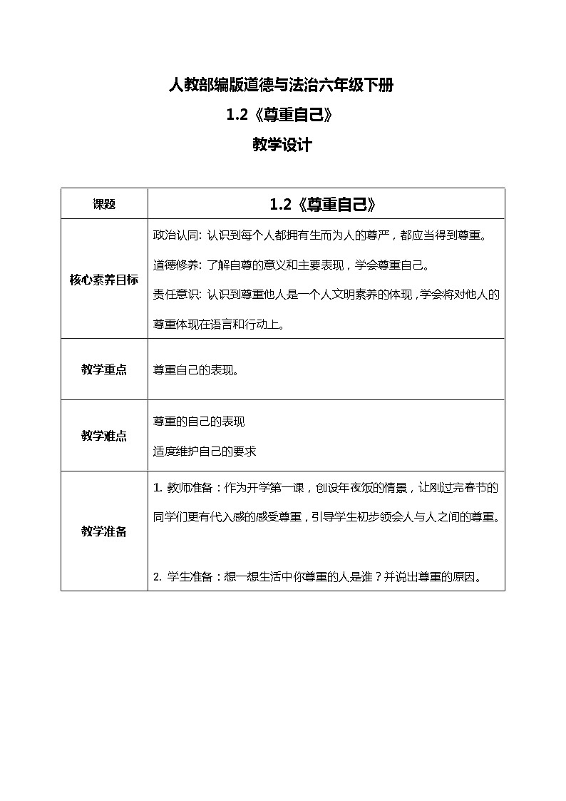 核心素养目标 1.2学会尊重—尊重自己 课件PPT+教案+练习01