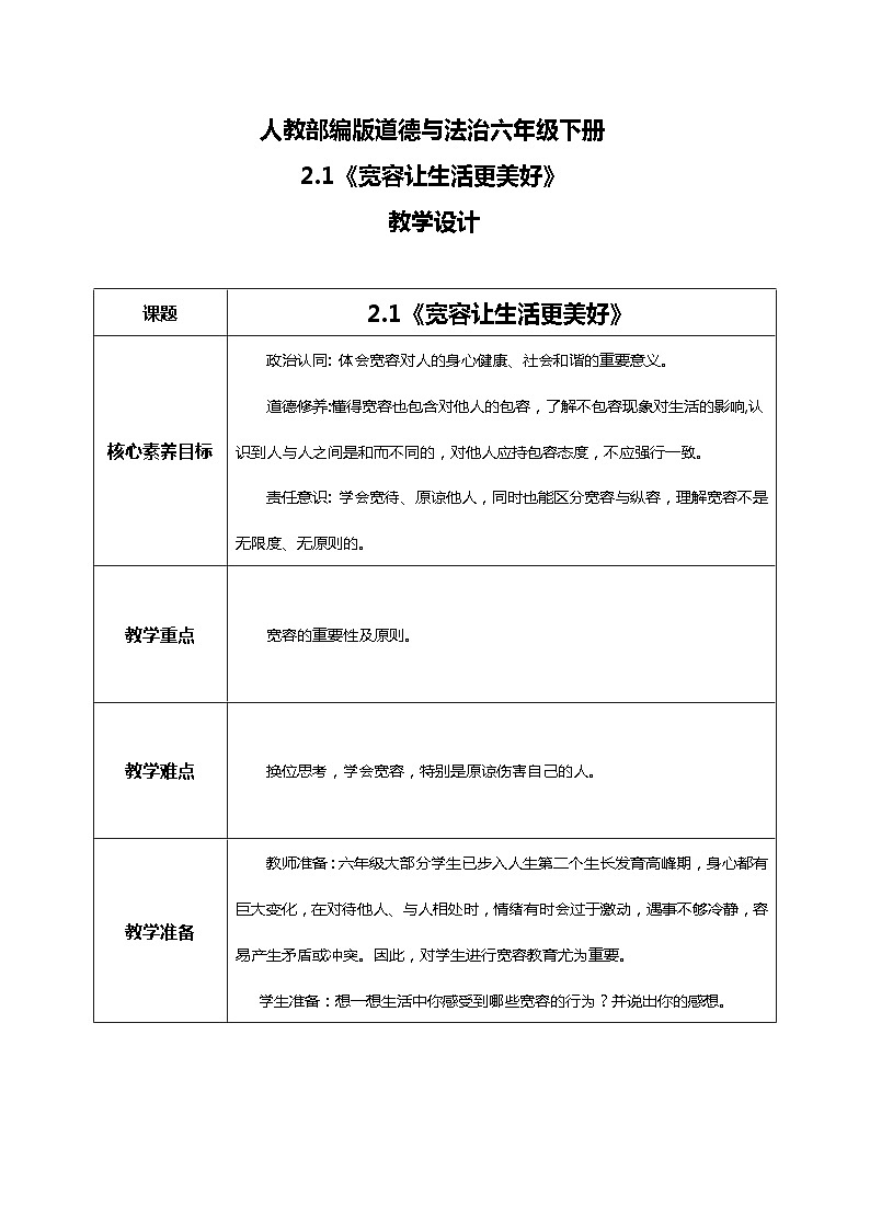核心素养目标2.1学会宽容第一课时—宽容让生活更美好 课件PPT+教案+练习01