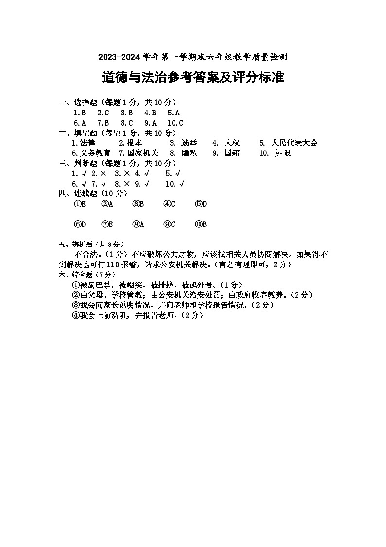 33，山东省德州市宁津县2023-2024学年六年级上学期1月期末道德与法治试题(1)第1页