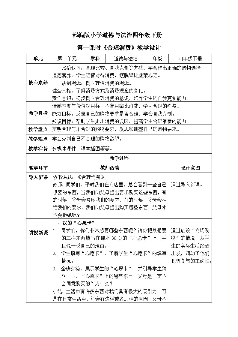【核心素养】部编版小学道德与法治四年级下册 第一课时《合理消费》课件+教案+同步分层练习（含试卷和答案）01
