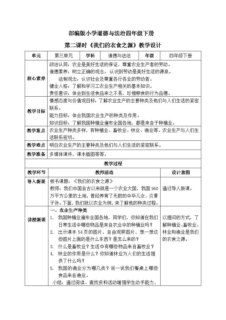 【核心素养】部编版小学道德与法治四年级下册 第二课时《我们的衣食之源》课件+教案+同步分层练习（含试卷和答案）01