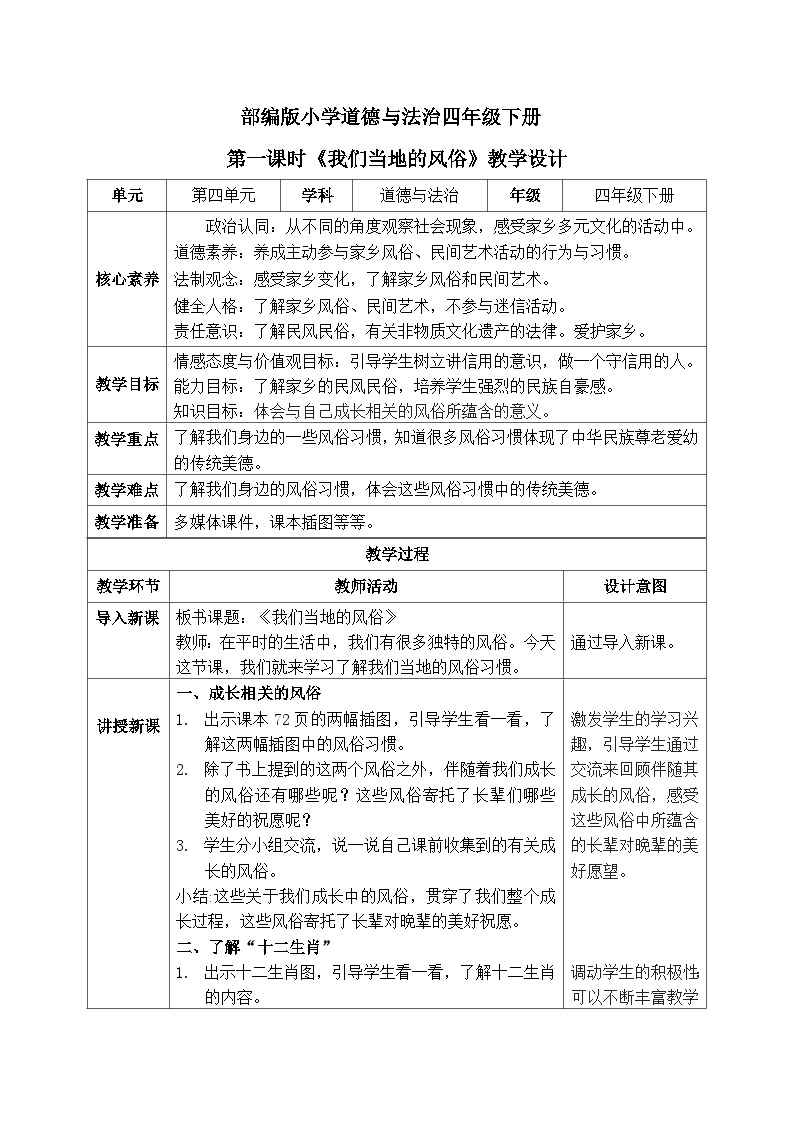 【核心素养】部编版小学道德与法治四年级下册 第一课时《我们当地的风俗》课件+教案+同步分层练习（含试卷和答案）01