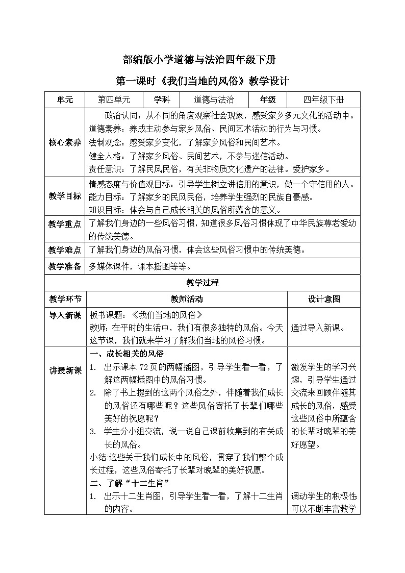 【核心素养】部编版小学道德与法治四年级下册 第一课时《我们当地的风俗》课件+教案+同步分层练习（含试卷和答案）01