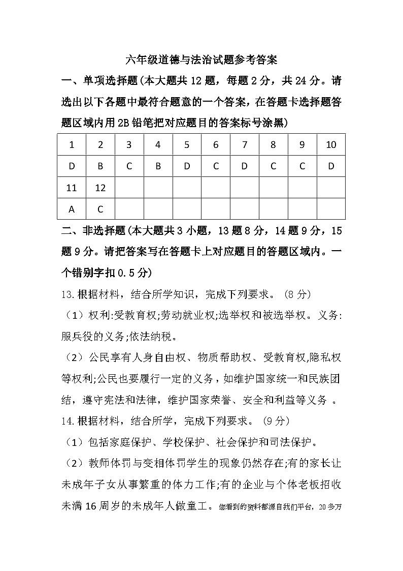 16，贵州省遵义市播州区2023-2024学年六年级上学期期末质量监测道德与法治试题(1)第1页