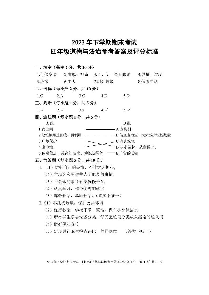 湖南省邵阳市武冈市2023-2024学年四年级上学期期末考试道德与法治试题(2)01