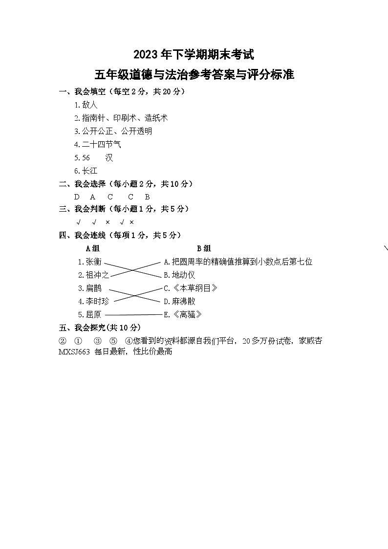 湖南省邵阳市武冈市2023-2024学年五年级上学期期末考试道德与法治试题(1)01