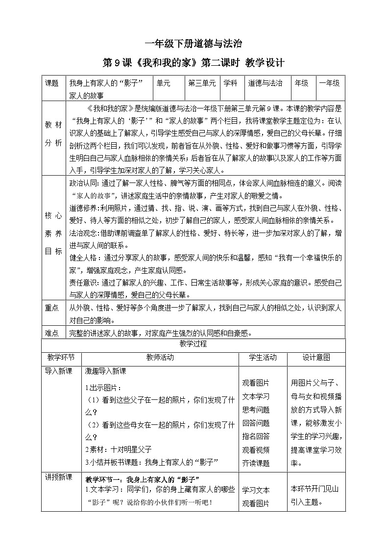 【核心素养目标】一年级下册道德与法治第9课《我和我的家》PPT教学课件（第二课时）+素材+教案教学设计01
