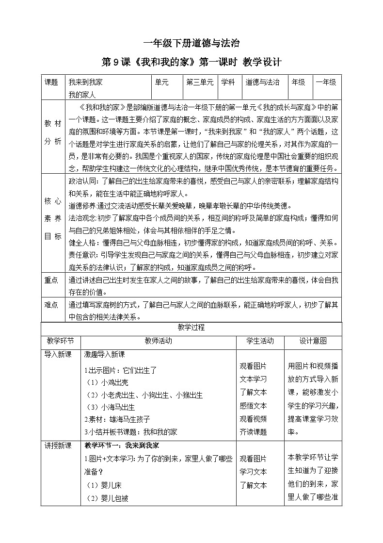 【核心素养目标】一年级下册道德与法治第9课《我和我的家》PPT教学课件（第一课时）+素材+教案教学设计01