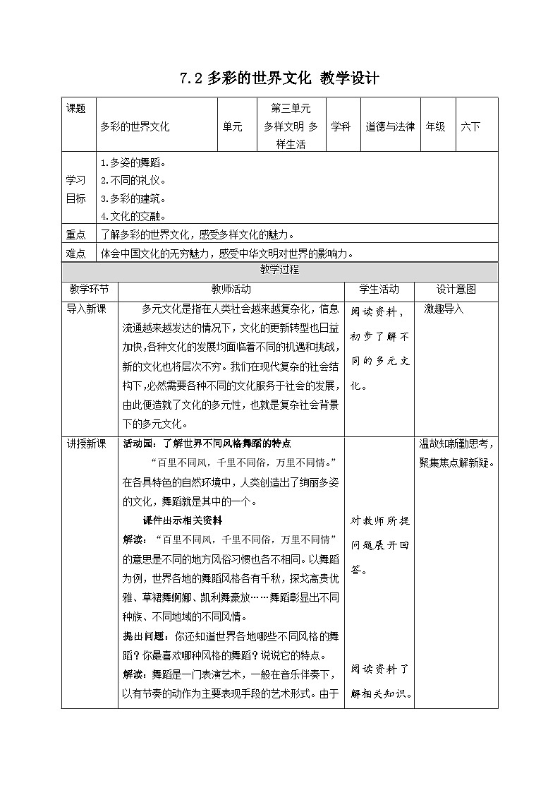 部编版六年级下册道德与法治7多元文化 多样魅力(第2课时) 教案01