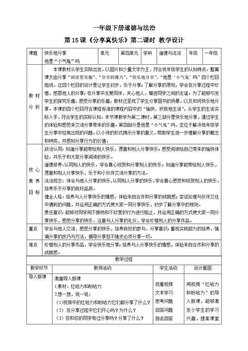 【核心素养目标】一年级下册道德与法治第15课《分享真快乐》PPT教学课件（第二课时）+素材+教案教学设计01