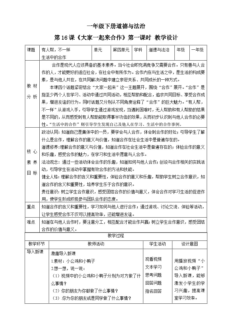 【核心素养目标】一年级下册道德与法治第16课《大家一起来合作》PPT教学课件（第一课时）+素材+教案教学设计01