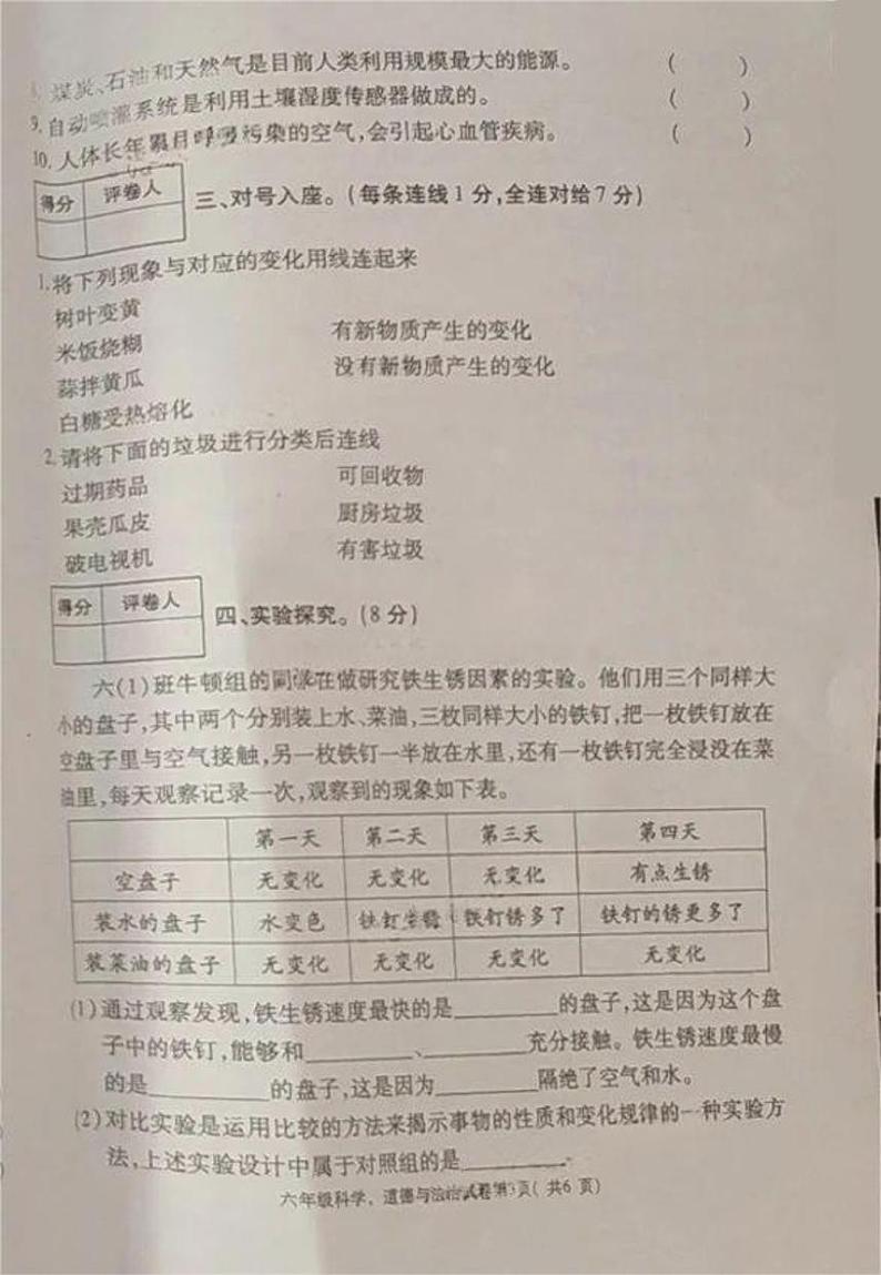 河南省洛阳市新安县2023-2024学年六年级下学期期末科学+道德与法治试题第3页