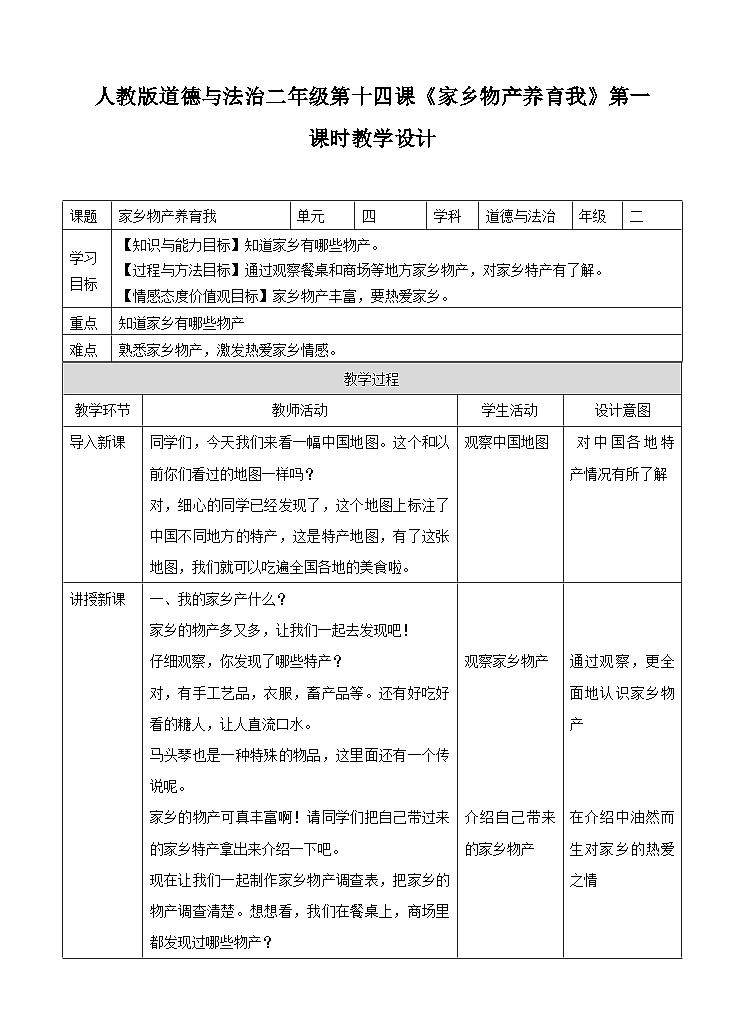 部编版小学道法二上 14家乡物产养育我 第1课时 课件+教案01
