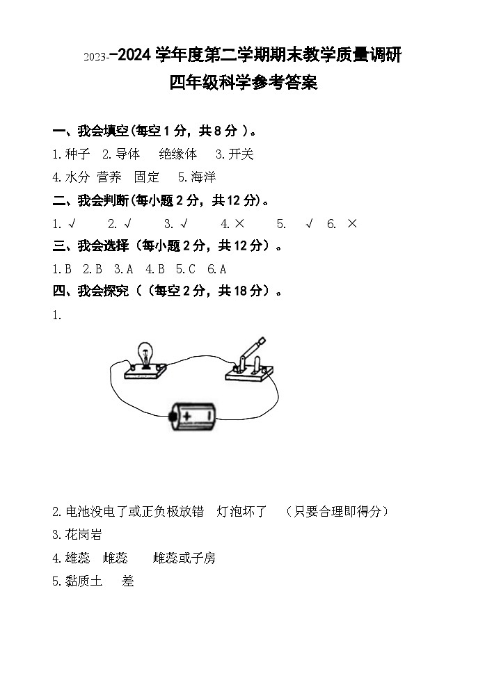 江苏省宿迁市多校2023-2024学年四年级第二学期期末调研监测综合（科学 道德与法治）试卷01