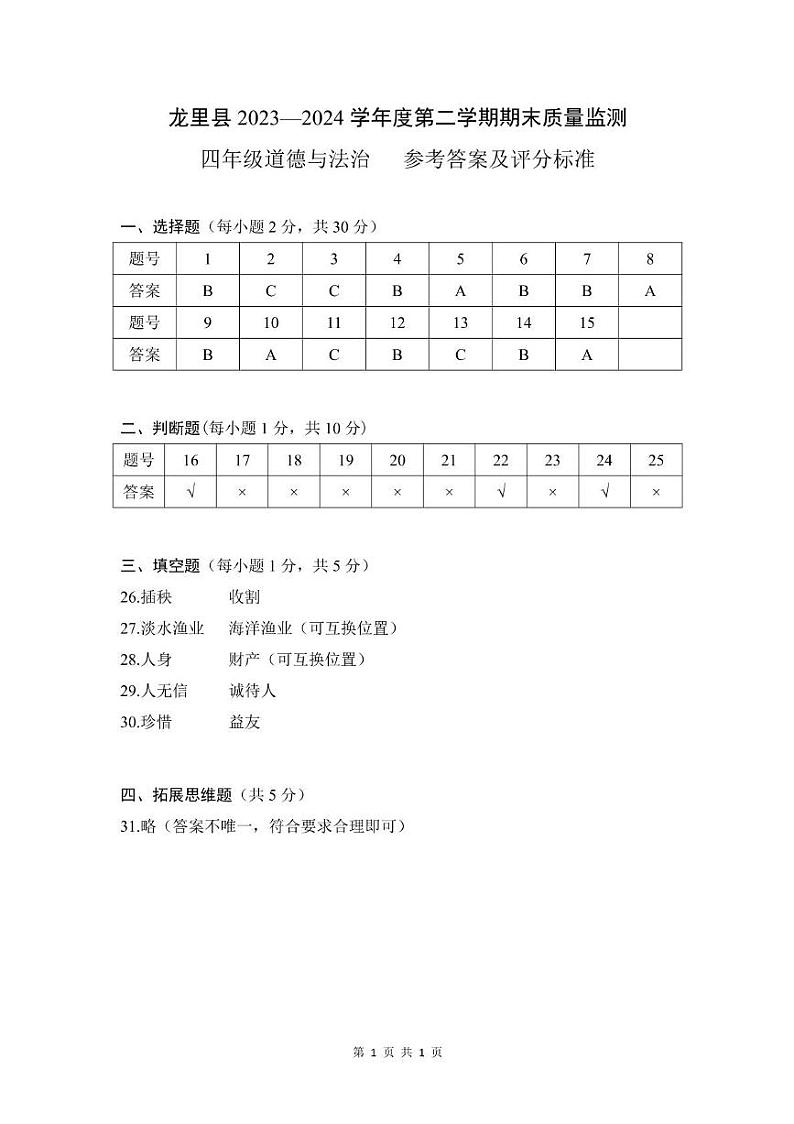 贵州省黔南州龙里县2023-2024学年四年级下学期期末检测道德与法治 科学试题01
