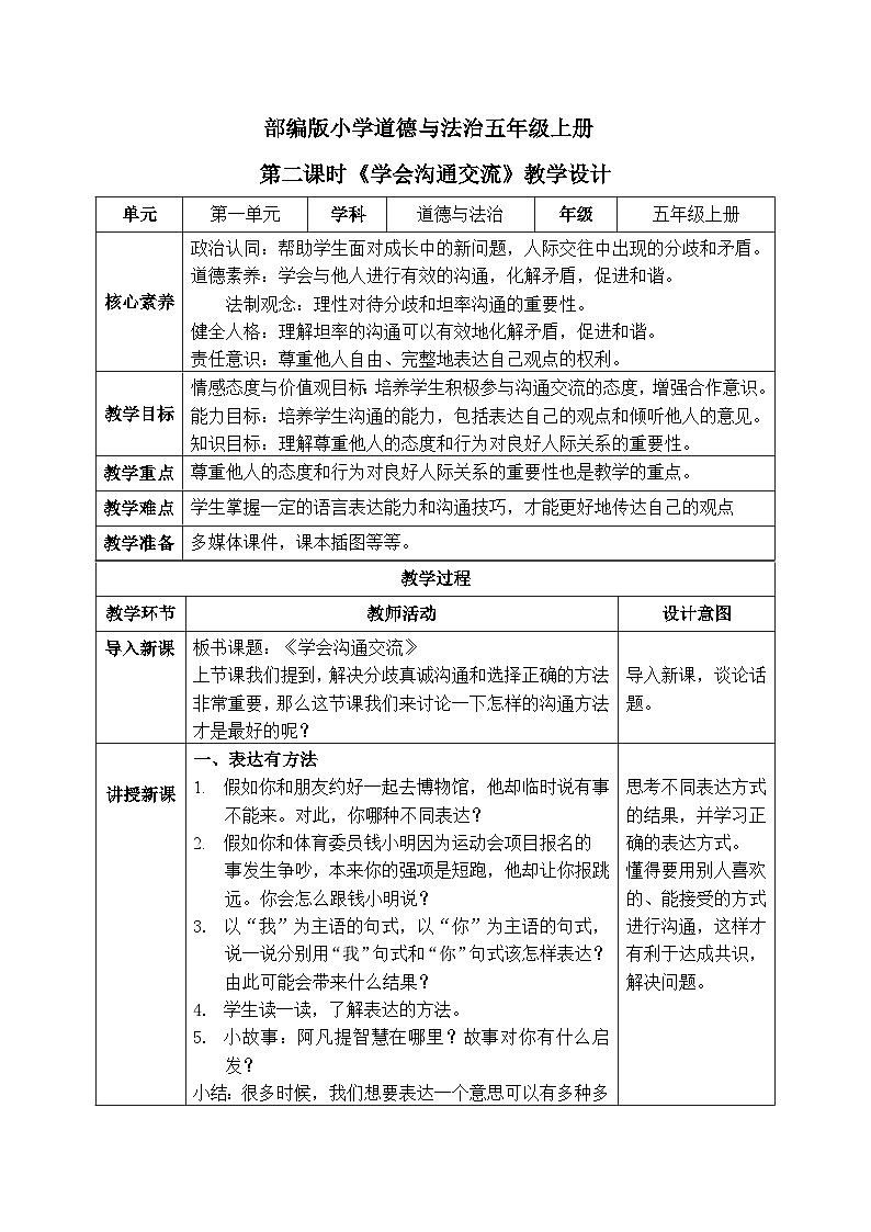 【核心素养】部编版小学道德与法治五年级上册2第2课时《学会沟通交流》课件+教案+同步练习（含试卷和答案）01