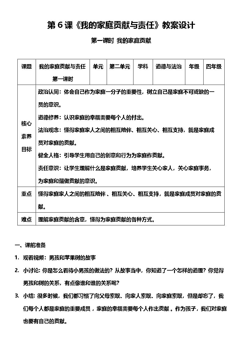 【核心素养】 6.1 《我的家庭贡献与责任 》第一课时 课件+教案+素材01