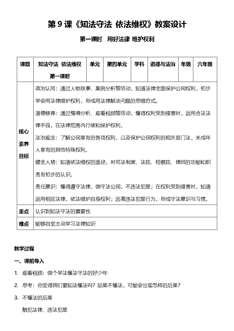 【核心素养】9.1 《知法守法 依法维权》 第一课时 课件+教案+素材01