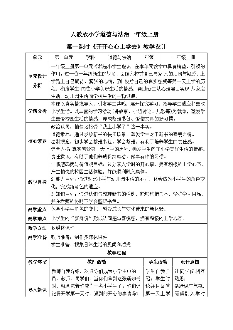 【核心素养】人教版小学道德与法治一年级上册 1 第一课时 开开心心上学去 课件+教案（含教学反思）01