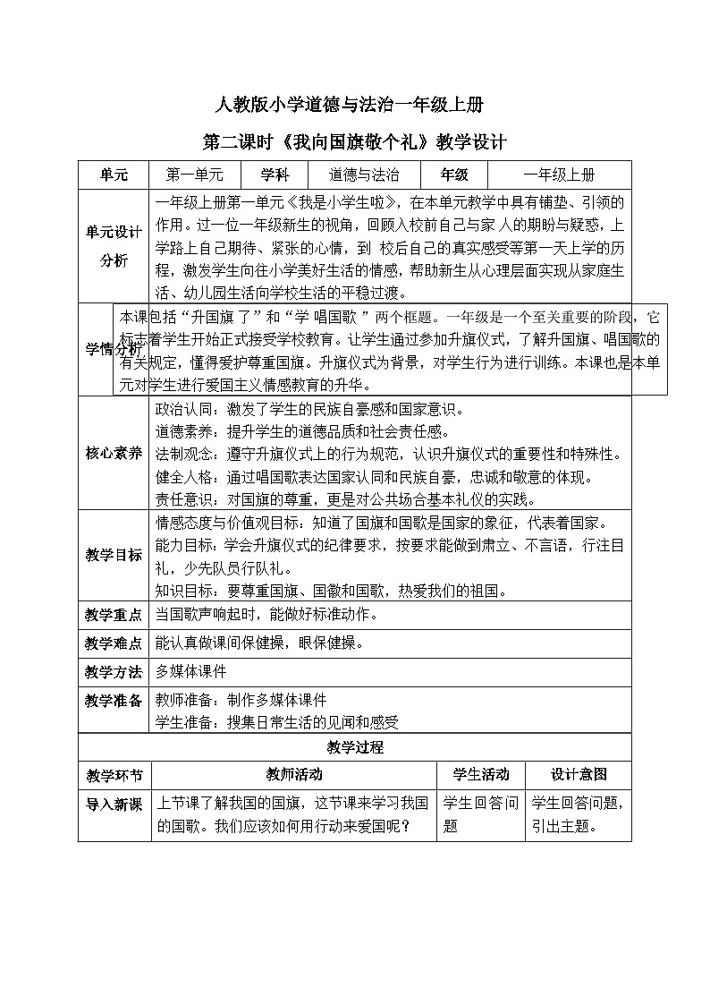 【核心素养】人教版小学道德与法治一年级上册 2 第二课时 我向国旗敬个礼 课件+教案（含教学反思）01