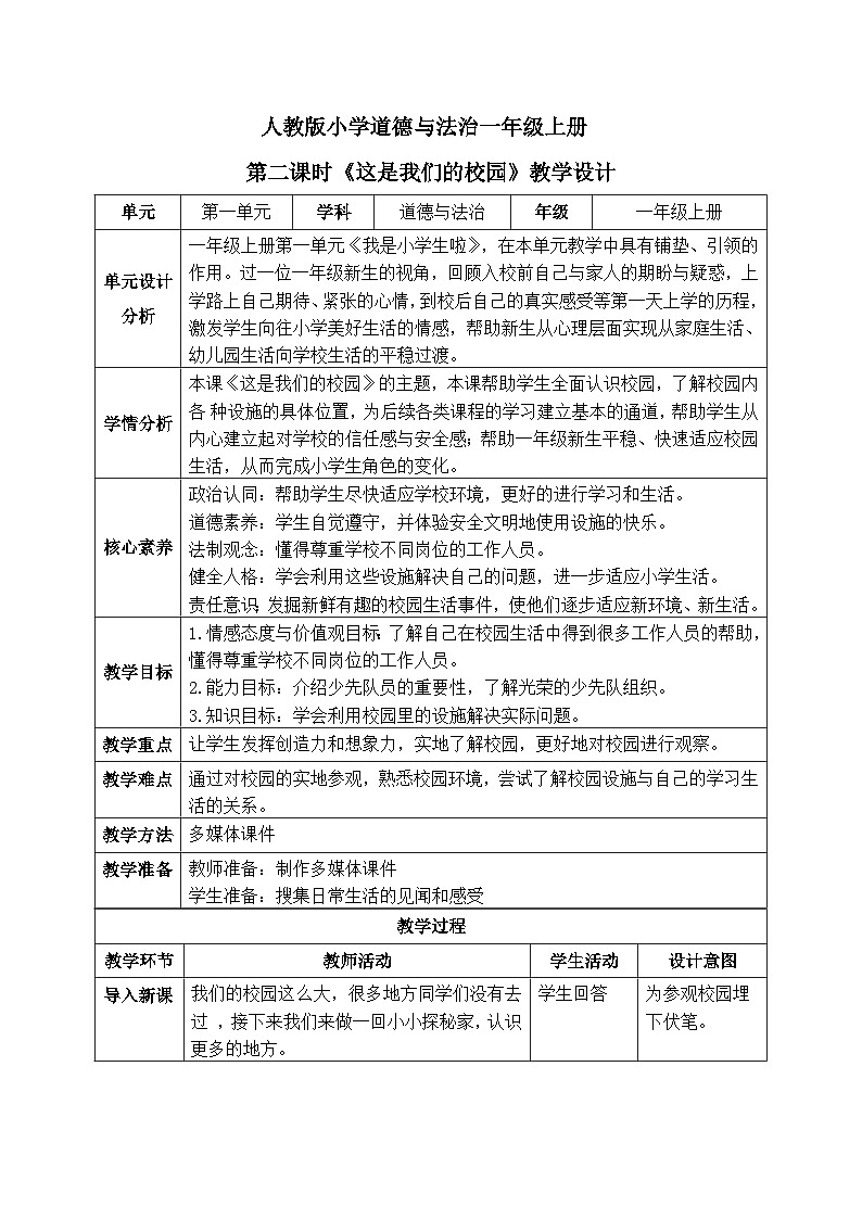 【核心素养】人教版小学道德与法治一年级上册 3 第二课时 这是我们的校园 课件+教案（含教学反思）01