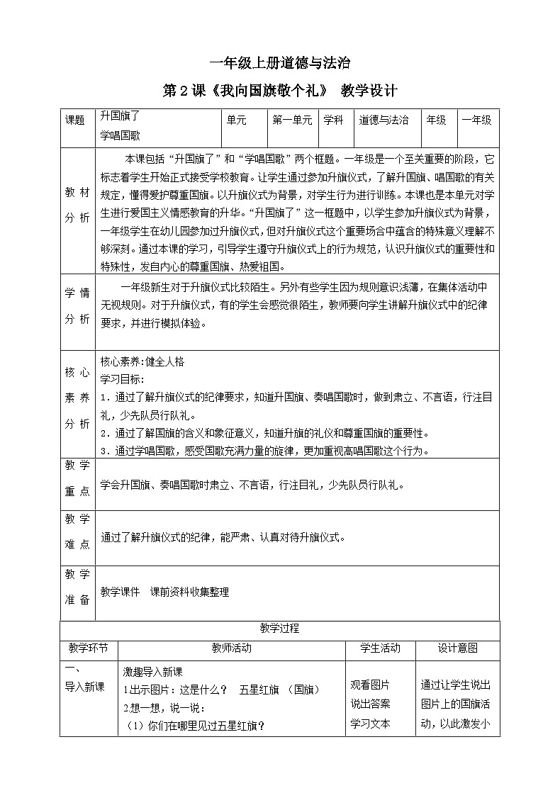 【2024秋新教材】一年级上册道德与法治第2课《我向国旗敬个礼》PPT教学课件 +素材+教案教学设计01