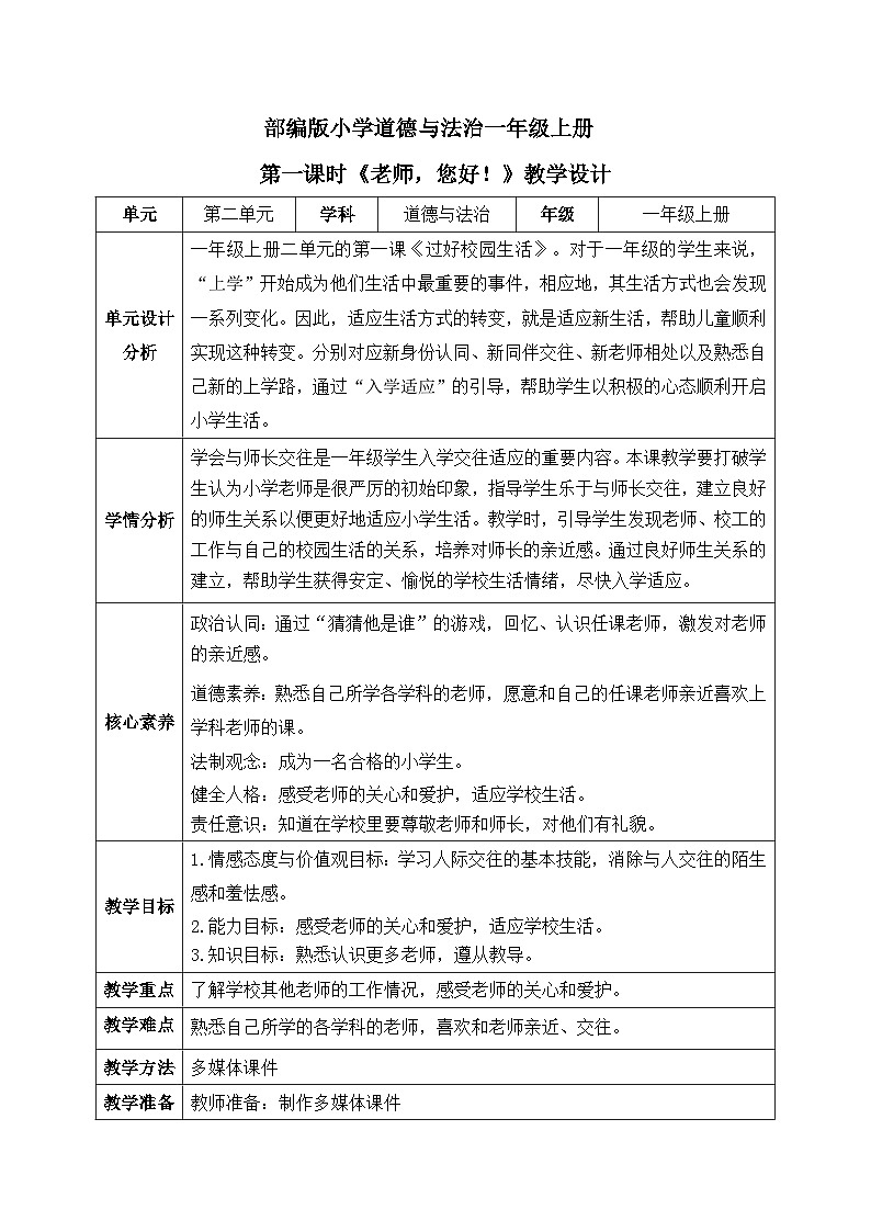 【核心素养】人教版小学道德与法治一年级上册 5 第一课时 老师，您好！ 课件+教案（含教学反思）01