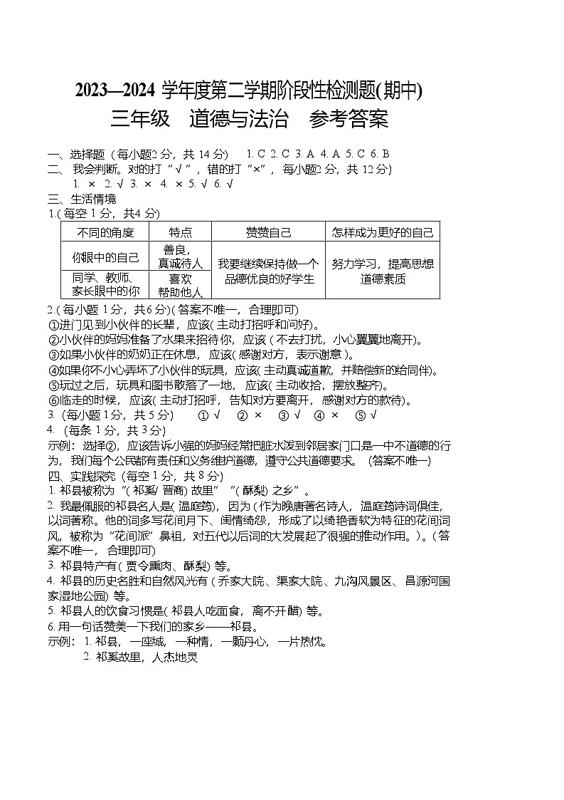 山西省晋中市祁县2023-2024学年三年级下学期期中检测道德与法治试题01