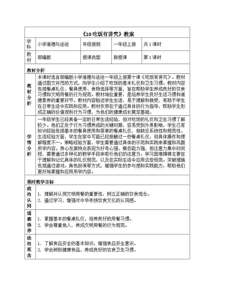 《10 吃饭有讲究》教学设计-2024-2025学年部编版道德与法治一年级上册01