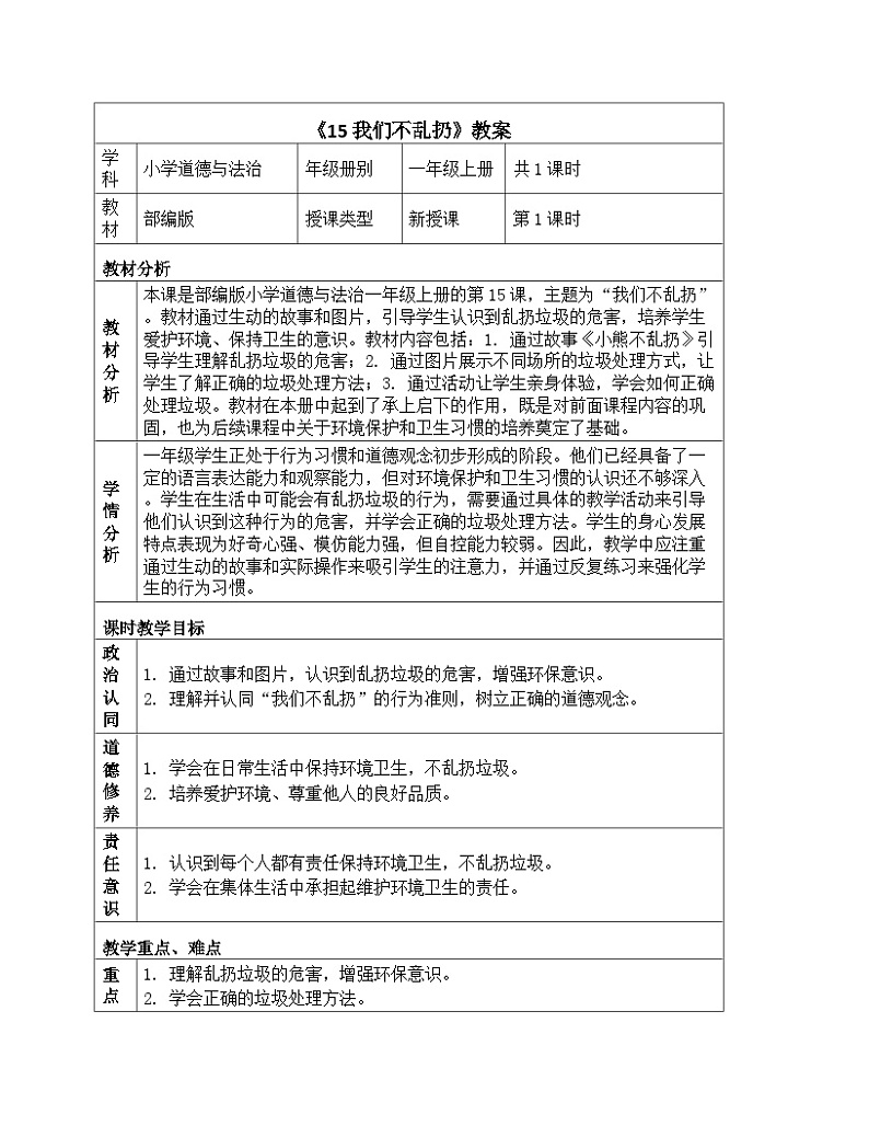 《15 我们不乱扔》教学设计-2024-2025学年部编版道德与法治一年级上册01