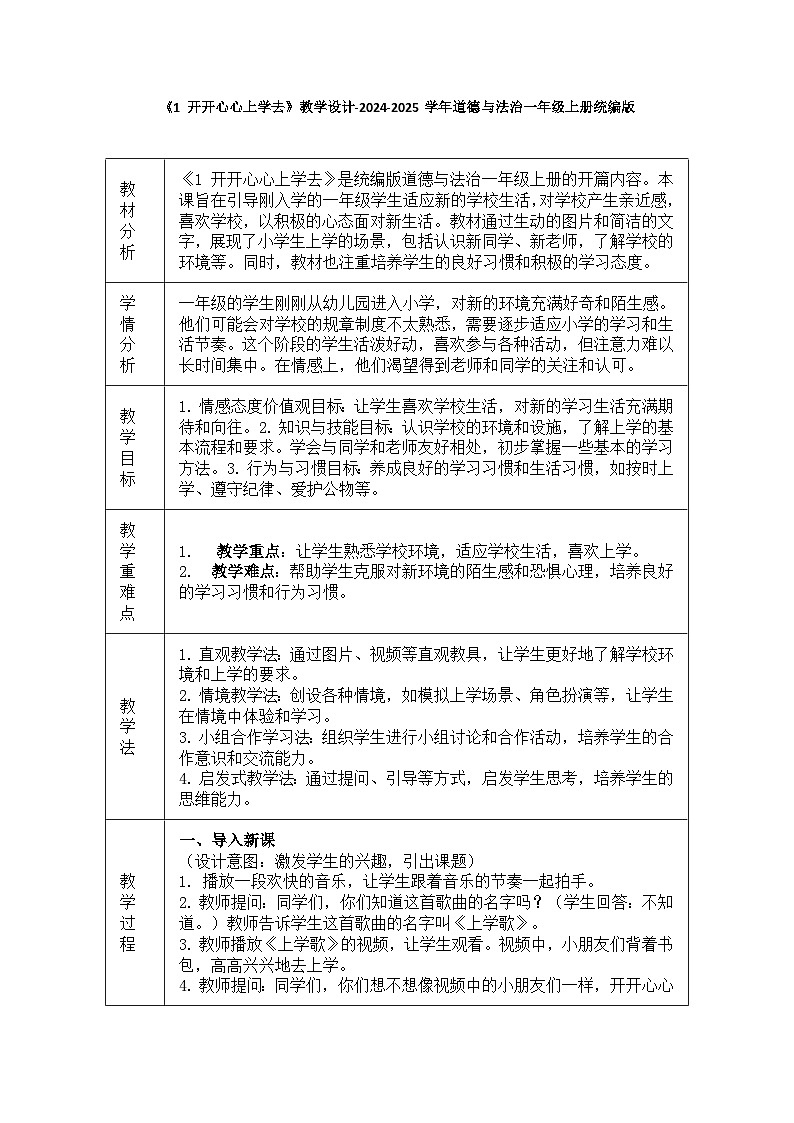 道德与法治一年级上册1.1《 开开心心上学去》教学设计第1页