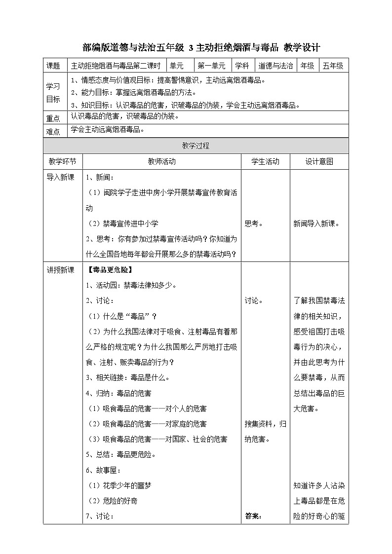 五年级上道德与法治3主动拒绝烟酒与毒品  第二课时教案第1页