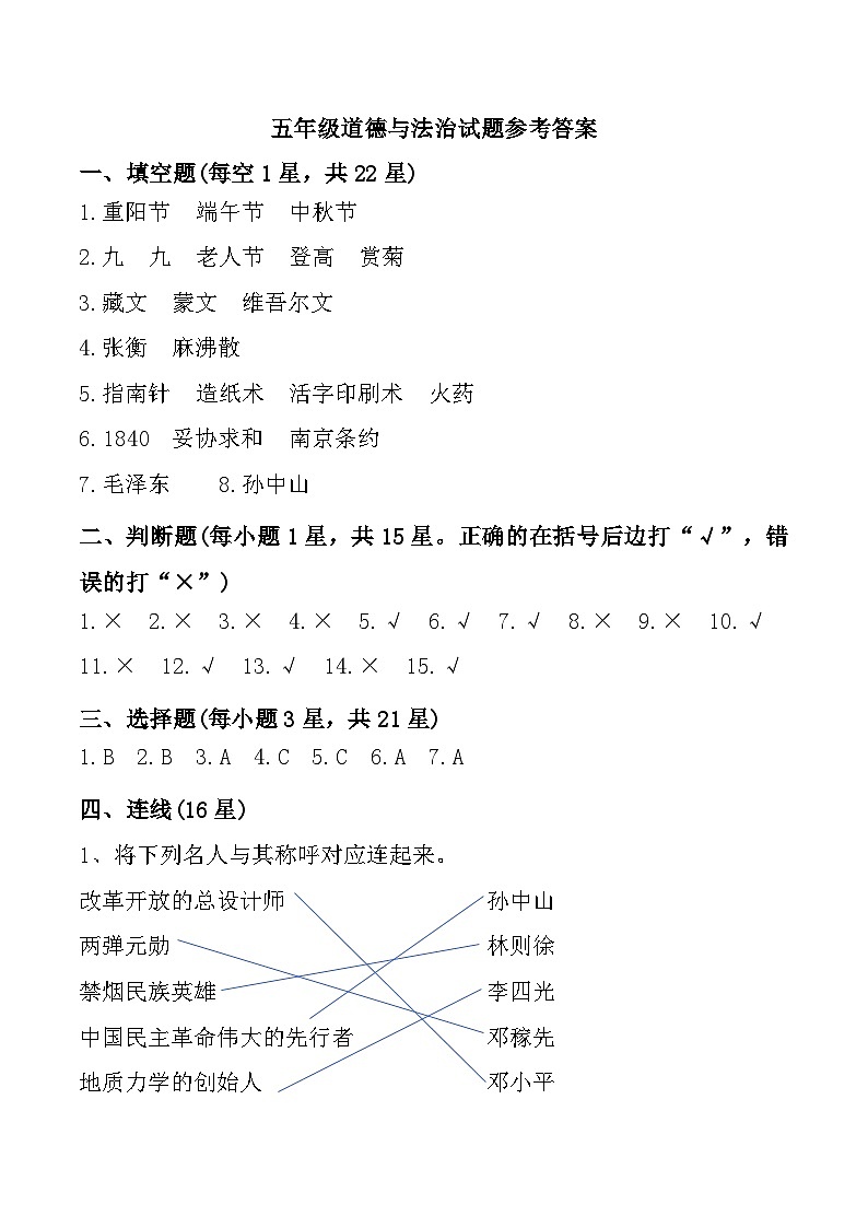 山东省烟台市海阳市2024-2025学年五年级上学期期中道德与法治试题参考答案第1页