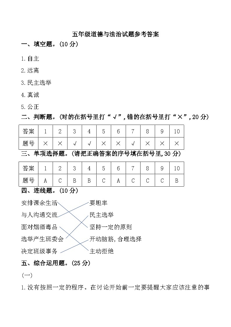 河北省保定市蠡县2024-2025学年五年级上学期11月期中道德与法治试题参考答案第1页