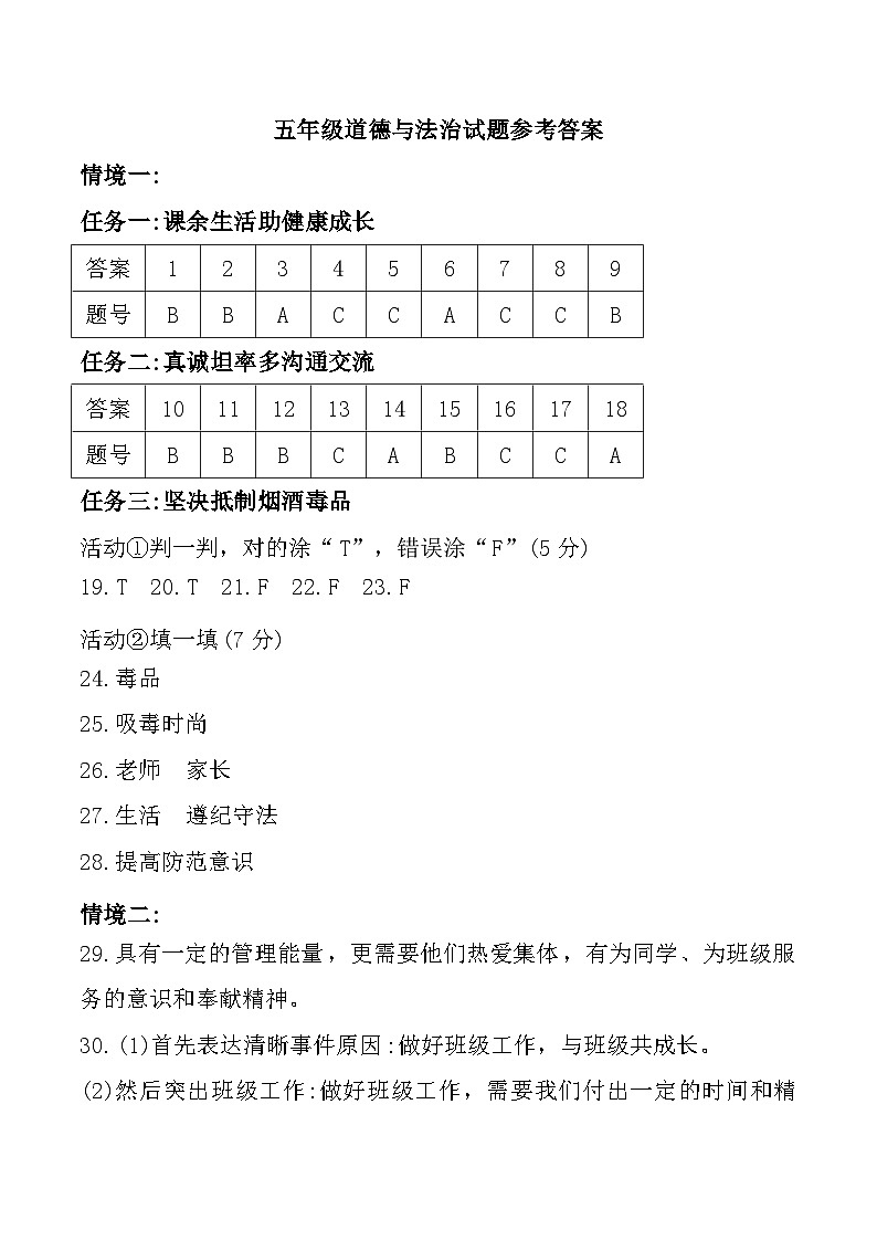 山东省济宁市汶上县2024-2025学年五年级上学期11月期中道德与法治试题参考答案第1页