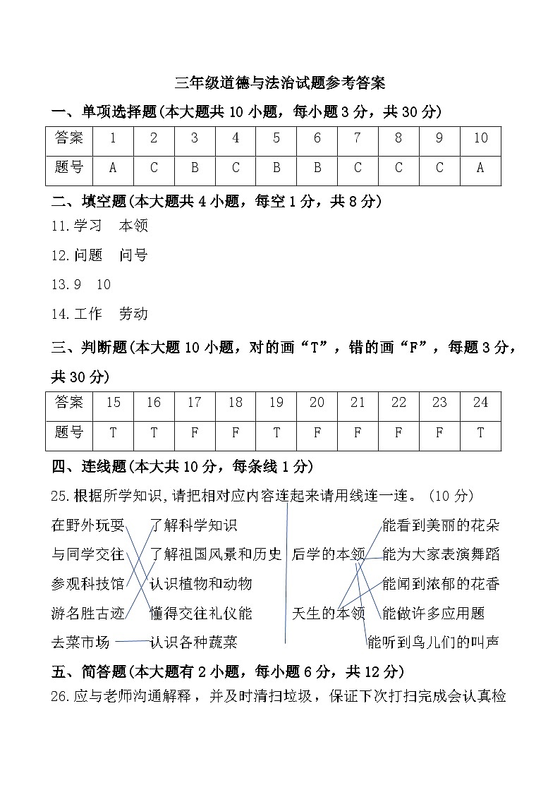 新疆维吾尔自治区吐鲁番市2024-2025学年三年级上学期11月期中道德与法治试题参考答案第1页