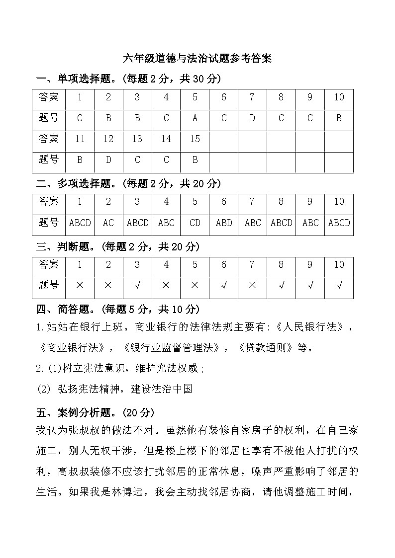 江西省抚州市高新区多校2024-2025学年六年级上学期期中道德与法治试题参考答案第1页