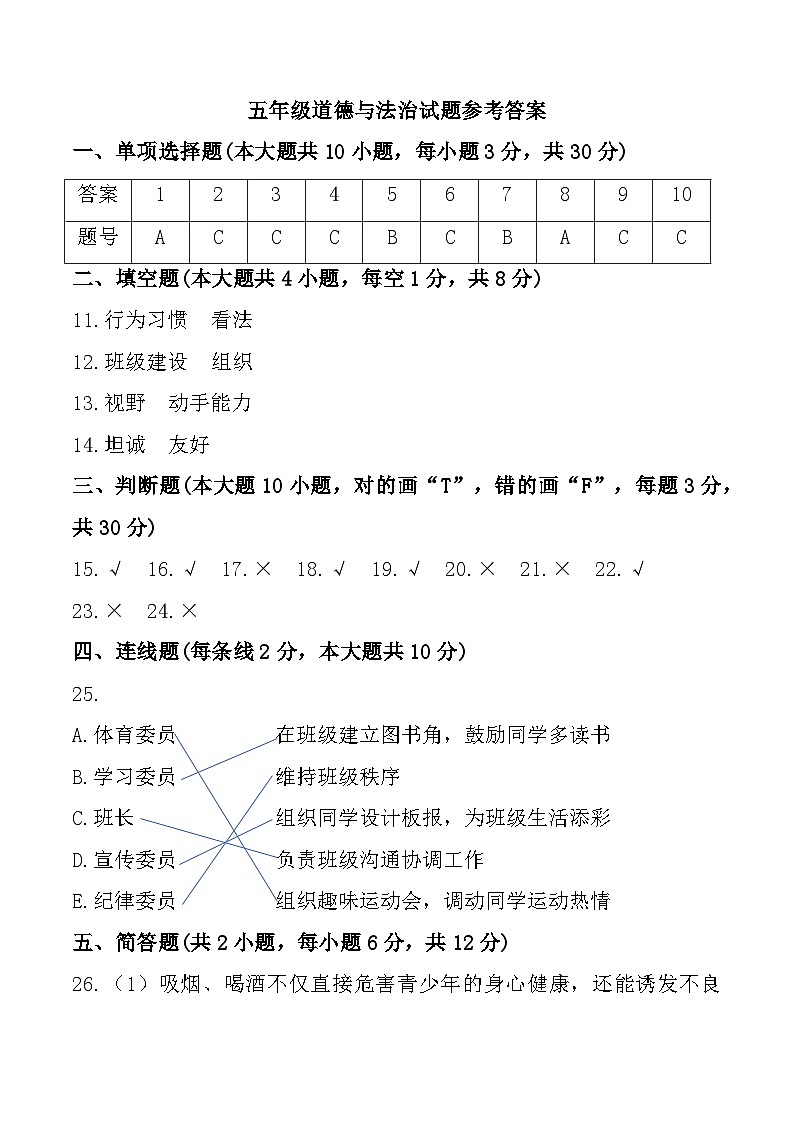 新疆维吾尔自治区吐鲁番市2024-2025学年五年级上学期11月期中道德与法治试题参考答案第1页