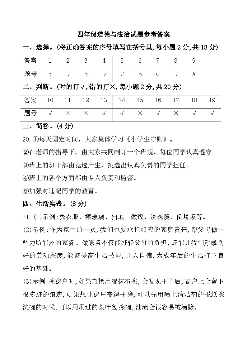 河南省许昌市许昌县多校2024-2025学年四年级上学期期中道德与法治试题参考答案第1页