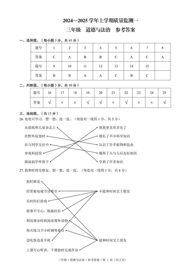 丘北 质量监测一 三 道德与法治 参考答案第1页