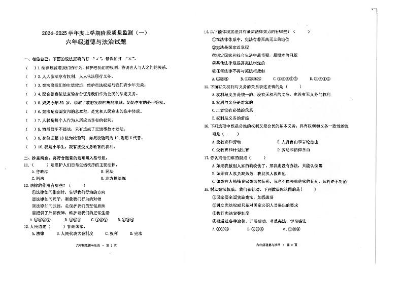 湖北省荆州市石首市2024-2025学年六年级上学期11月期中道德与法治试题01