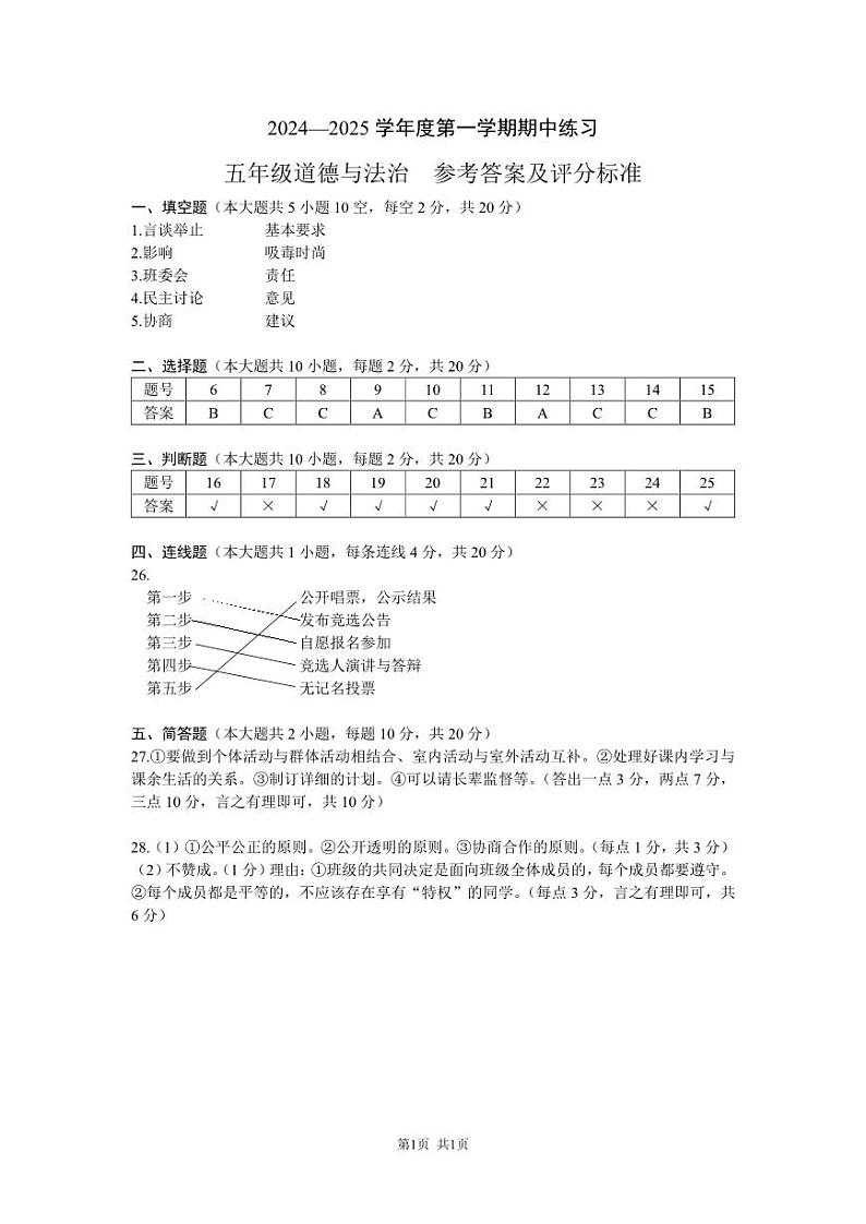 （黔西南州）2024—2025学年度第一学期期中练习-五年级道德与法治-参考答案第1页