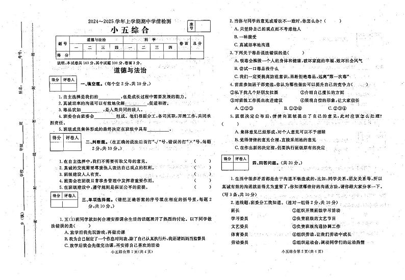 2024-2025上册期中五年级综合试卷第1页