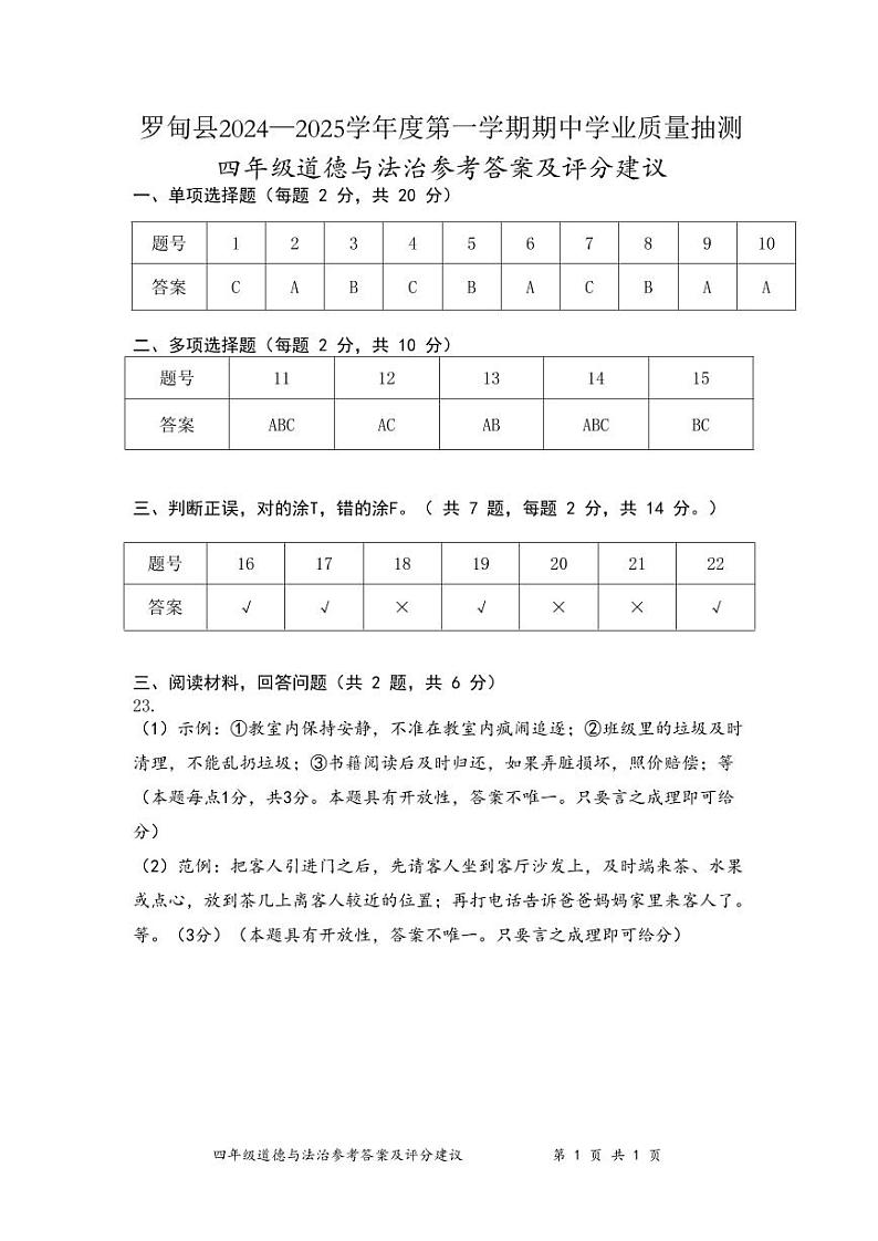 四年级道德与法治参考答案及评分建议第1页